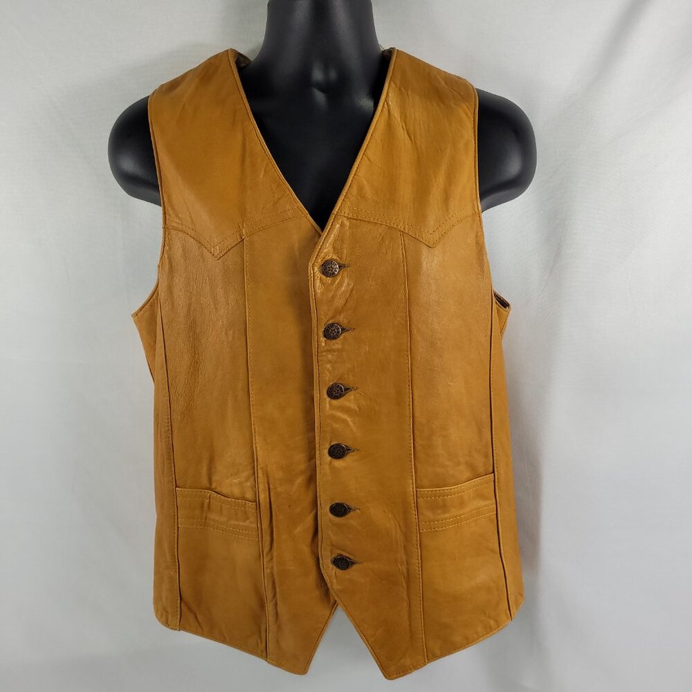 Go West Vintage Brown Leather Vest Cowboy Western Biker Button Up Mens Medium
